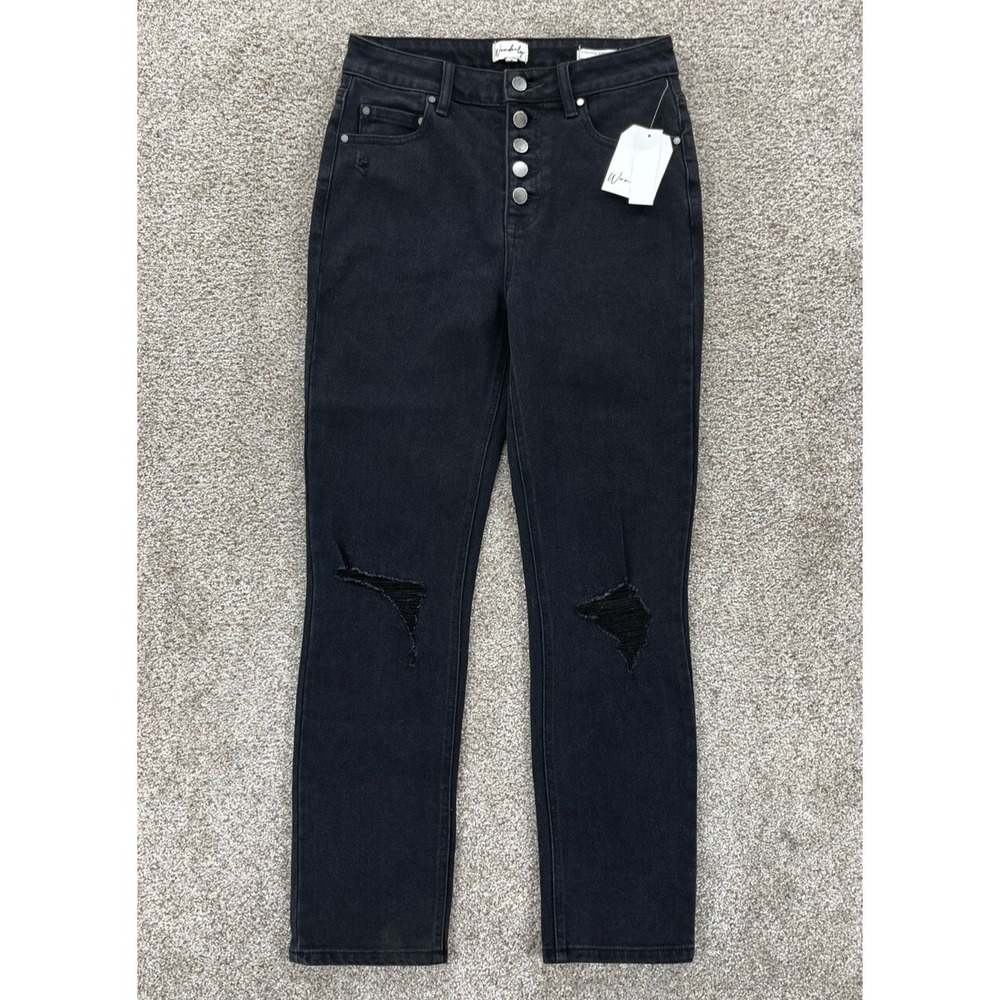 Wonderly Jeans Womens 4 Black Cropped Straight High Button Fly Distressed NWT